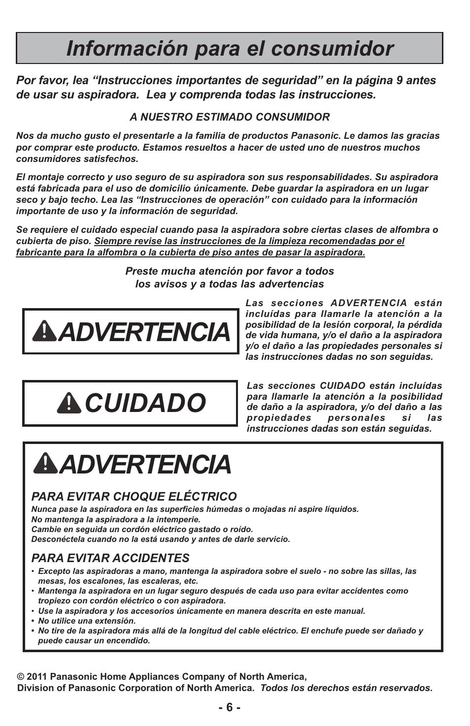 Advertencia, Cuidado, Información para el consumidor | Panasonic ASPIRATEUR MC-UL810 User Manual | Page 6 / 60