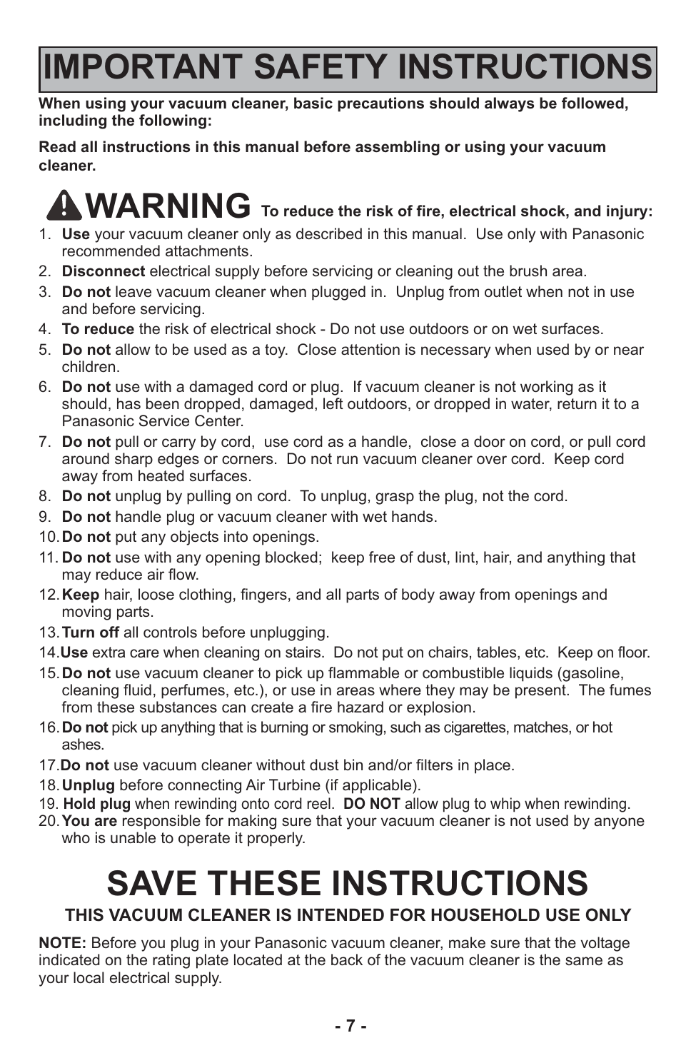 Warning, Save these instructions, Important safety instructions | Panasonic ASPIRATEUR MC-UL810 User Manual | Page 7 / 60