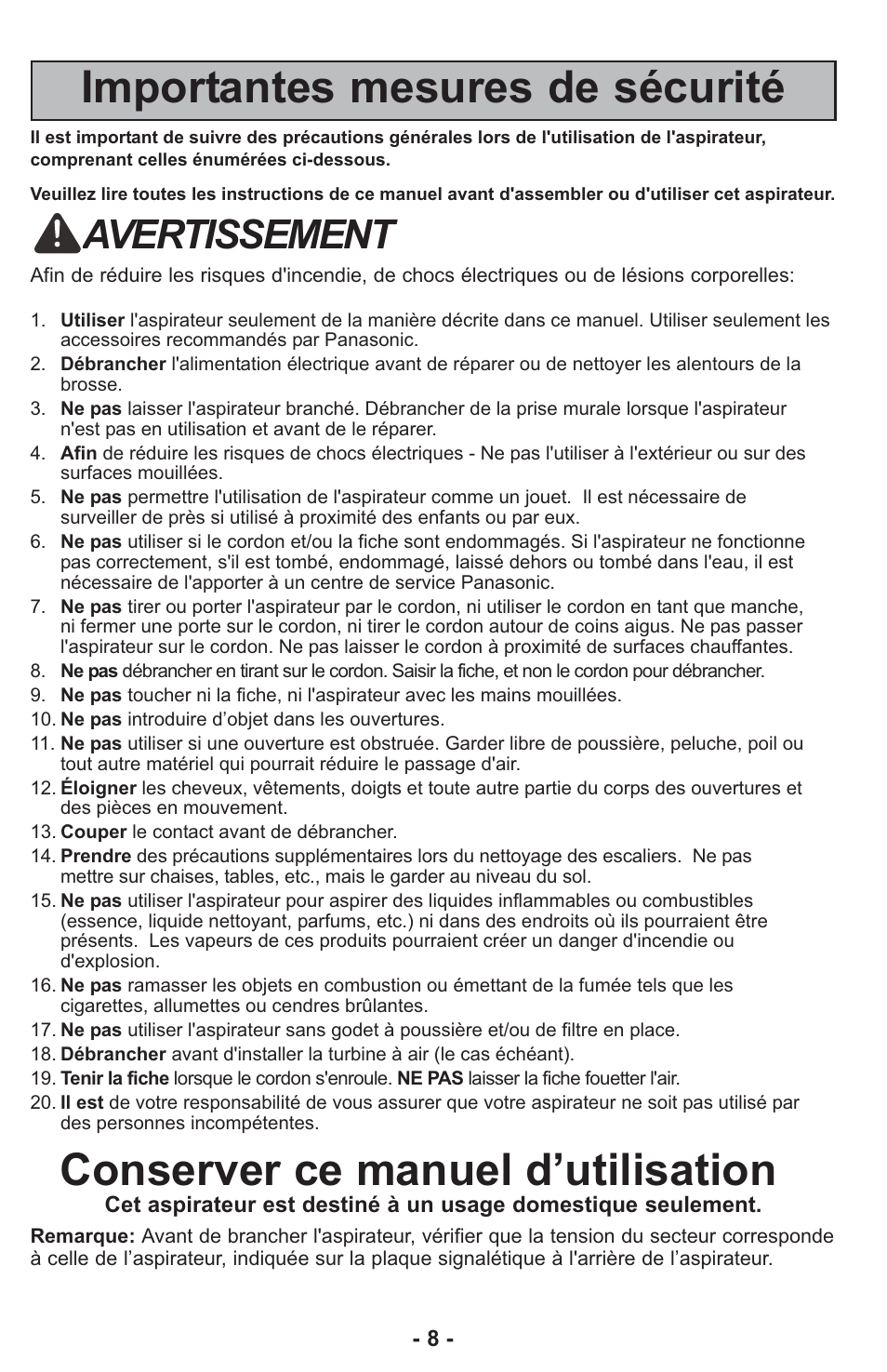 Importantes mesures de sécurité, Conserver ce manuel d’utilisation, Avertissement | Panasonic ASPIRATEUR MC-UL810 User Manual | Page 8 / 60