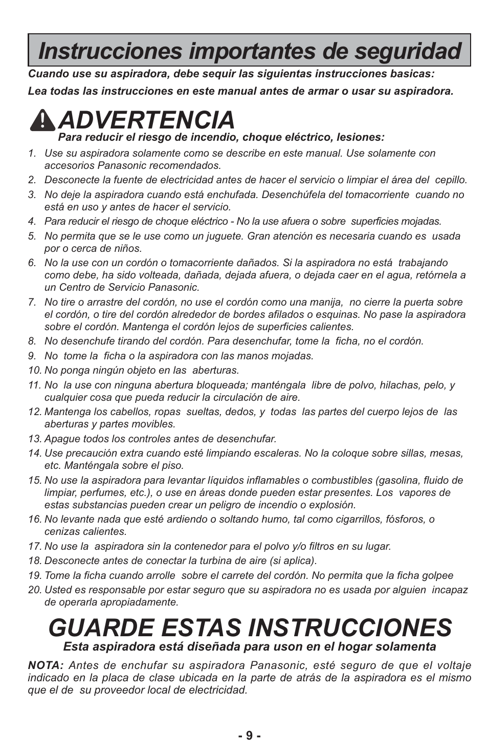 Advertencia, Guarde estas instrucciones, Instrucciones importantes de seguridad | Panasonic ASPIRATEUR MC-UL810 User Manual | Page 9 / 60