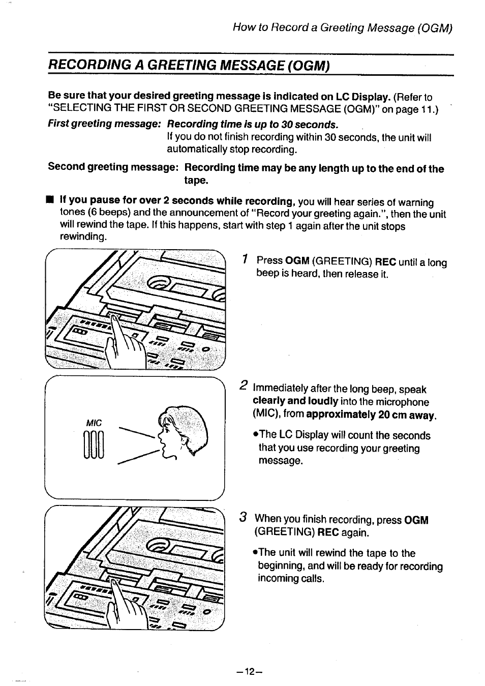 Recording a greeting message (ogm) | Panasonic KX-T1470BA User Manual | Page 13 / 40