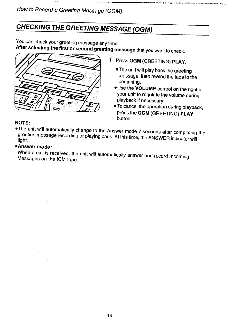 Checking the greeting message (pgm), Recording a greeting message (ogm) | Panasonic KX-T1470BA User Manual | Page 14 / 40