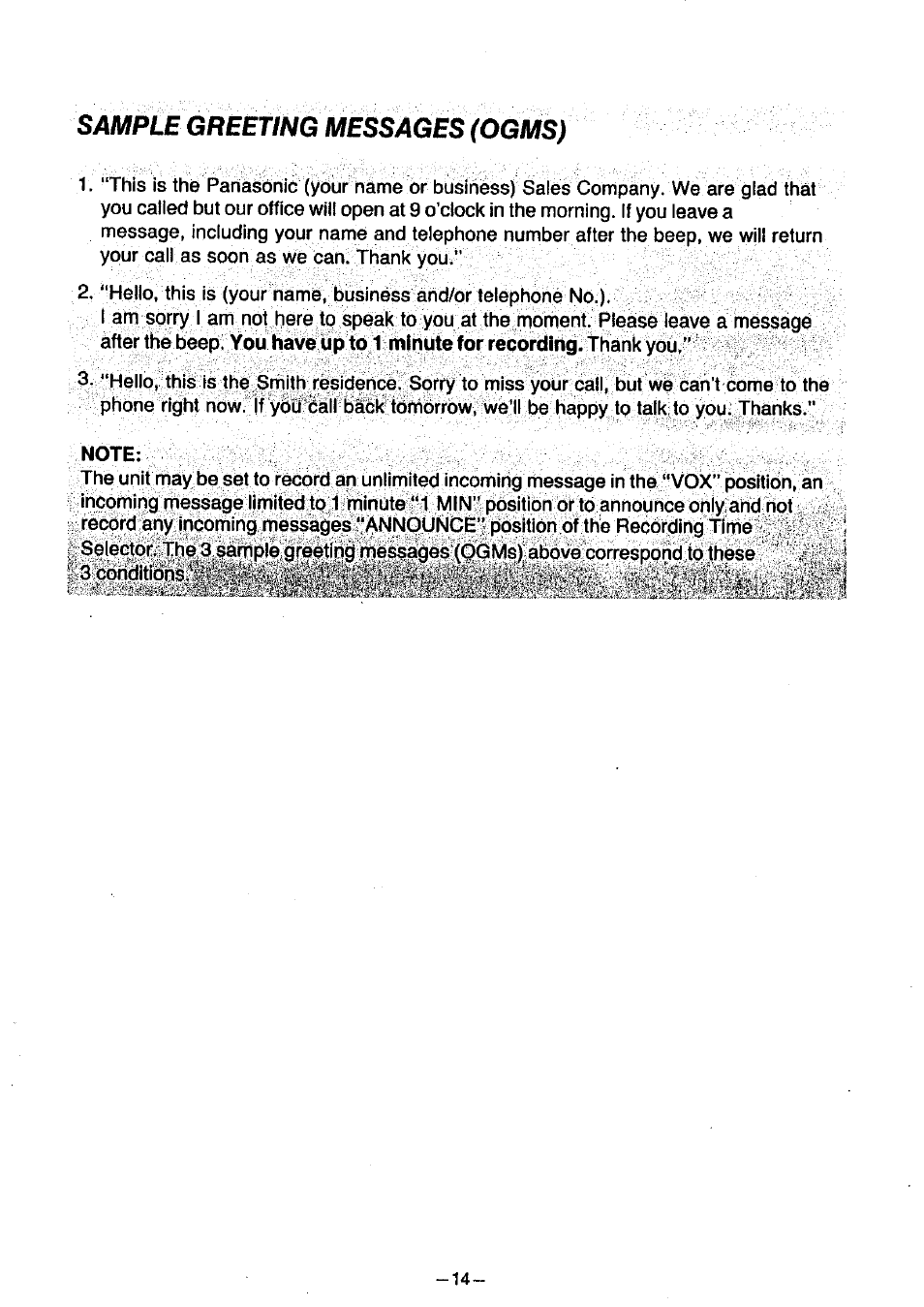 Sample greeting messages (ogms), Or second greeting message (ogm) | Panasonic KX-T1470BA User Manual | Page 15 / 40