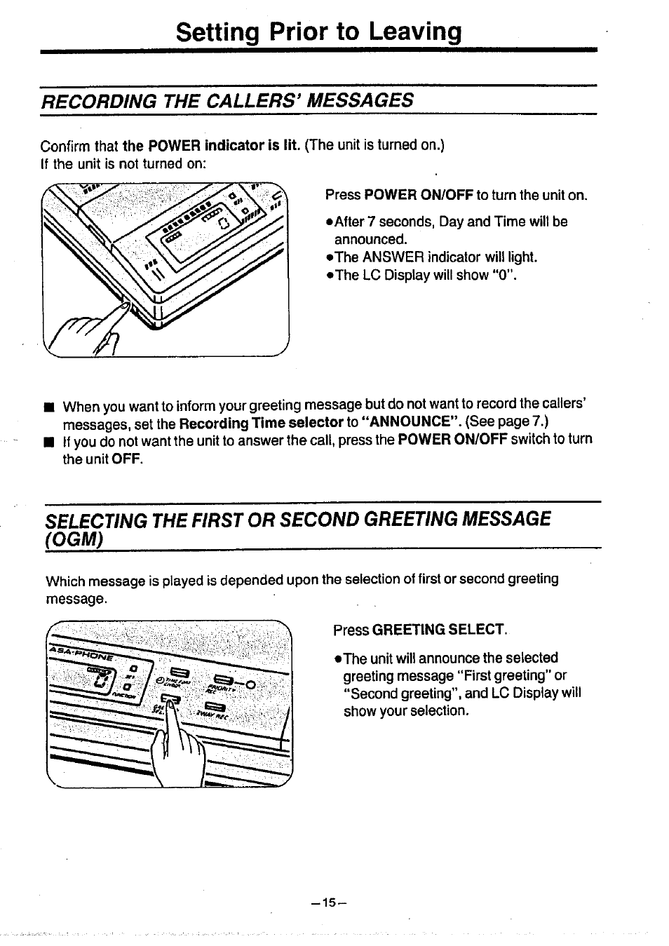 Setting prior to leaving, Recording the callers’ messages | Panasonic KX-T1470BA User Manual | Page 17 / 40