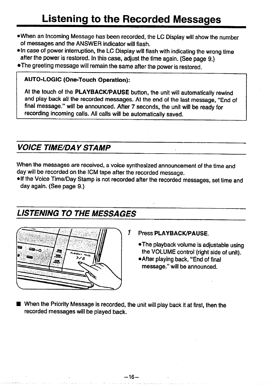 Listening to the recorded messages, Voice time/da y stamp, Listening to the messages | Voice time/day stamp, While listening to the messages, Listening to the messages 1 | Panasonic KX-T1470BA User Manual | Page 18 / 40