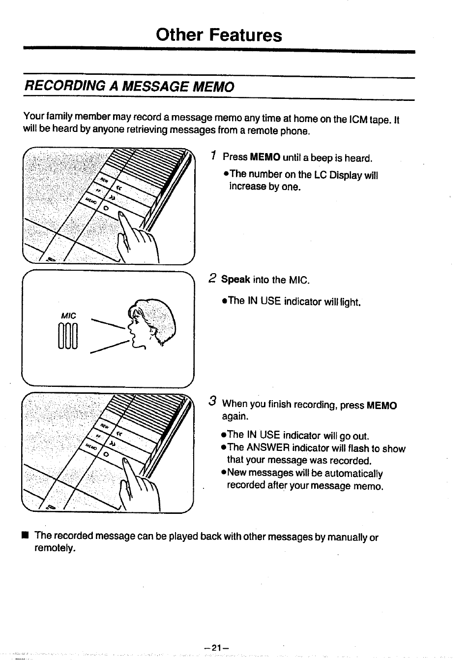 Other features, Recording a message memo | Panasonic KX-T1470BA User Manual | Page 23 / 40