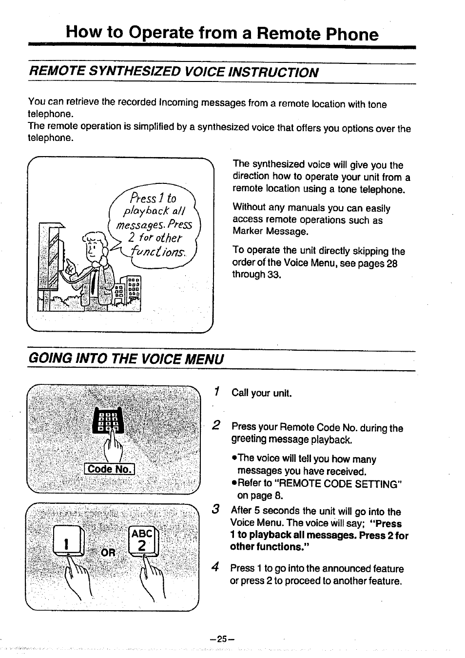 How to operate from a remote phone, Remote synthesized voice instruction, Going into the voice menu | Panasonic KX-T1470BA User Manual | Page 27 / 40