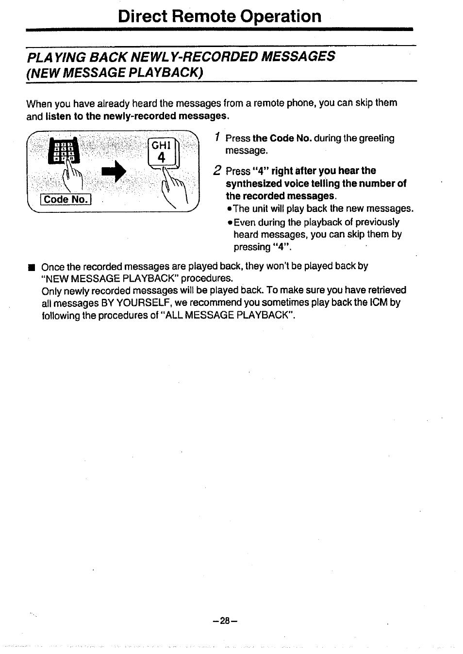 Direct remote operation, Pla ying back newl y-recorded messages, New message playback) | Panasonic KX-T1470BA User Manual | Page 30 / 40