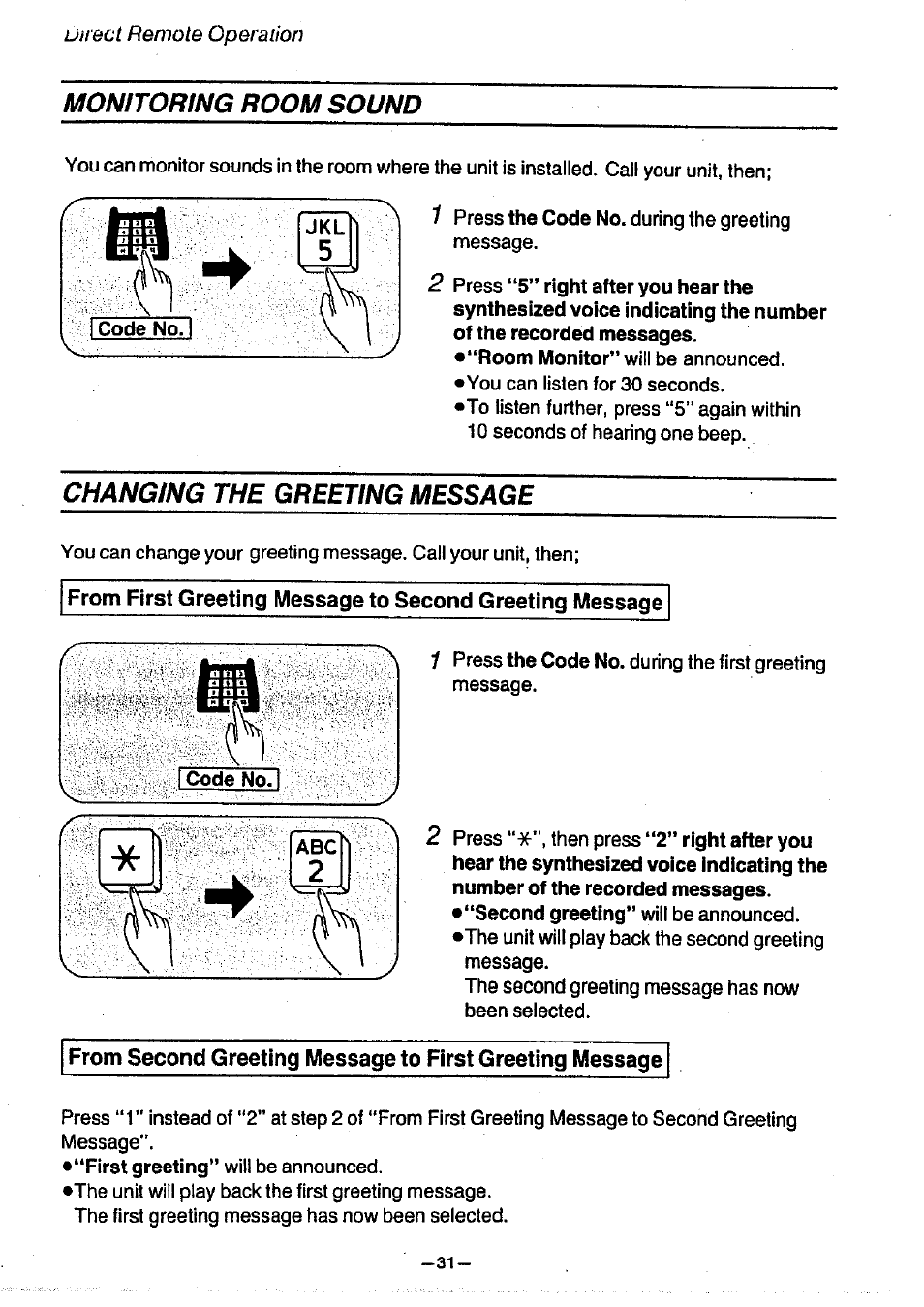 Monitoring room sound, Changing the greeting message | Panasonic KX-T1470BA User Manual | Page 33 / 40