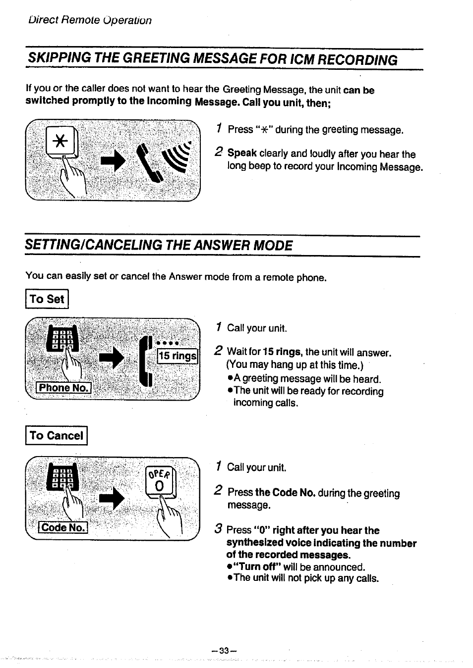 Skipping the greeting message for icm recording, Settingicanceling the answer mode, Setting/canceling the answer mode | Plisllilii | Panasonic KX-T1470BA User Manual | Page 35 / 40