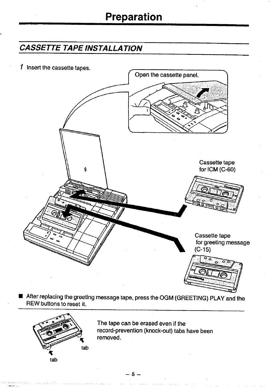 Preparation, Cassette tape installation, Cassette tape installation 1 | Panasonic KX-T1470BA User Manual | Page 6 / 40