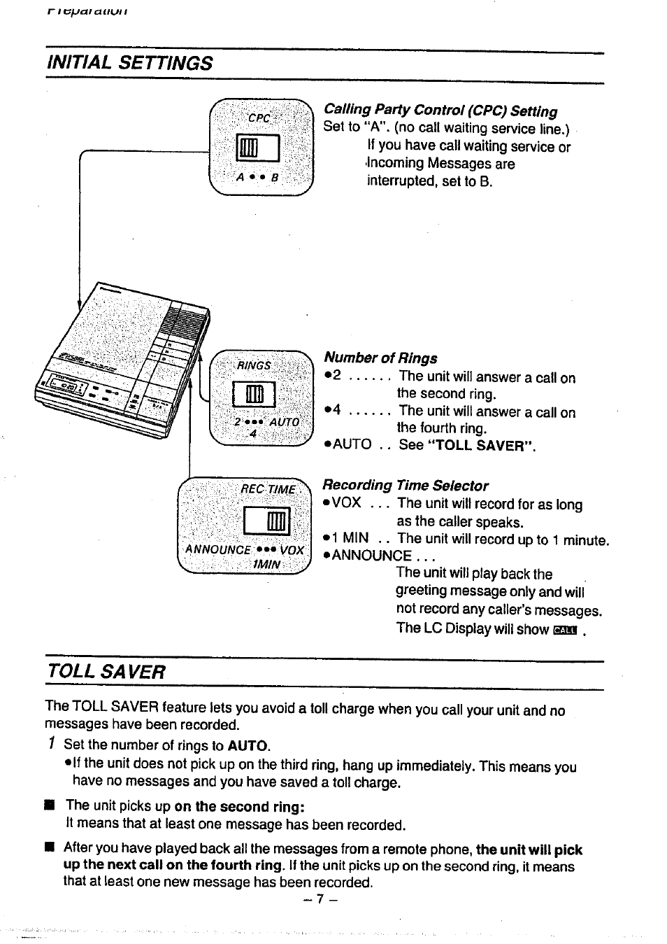 Initial settings, Toll saver | Panasonic KX-T1470BA User Manual | Page 8 / 40