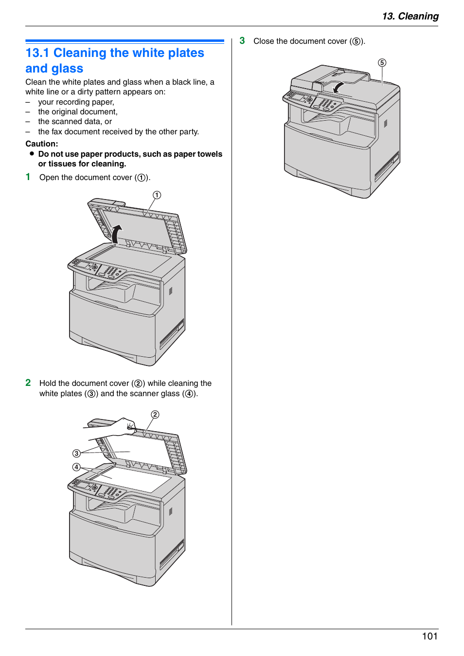Cleaning, 1 cleaning the white plates and glass, Cleaning the white plates and glass | 1 cleaning the white plates and glass, Cleaning 101 | Panasonic KX-MC6040 User Manual | Page 101 / 124