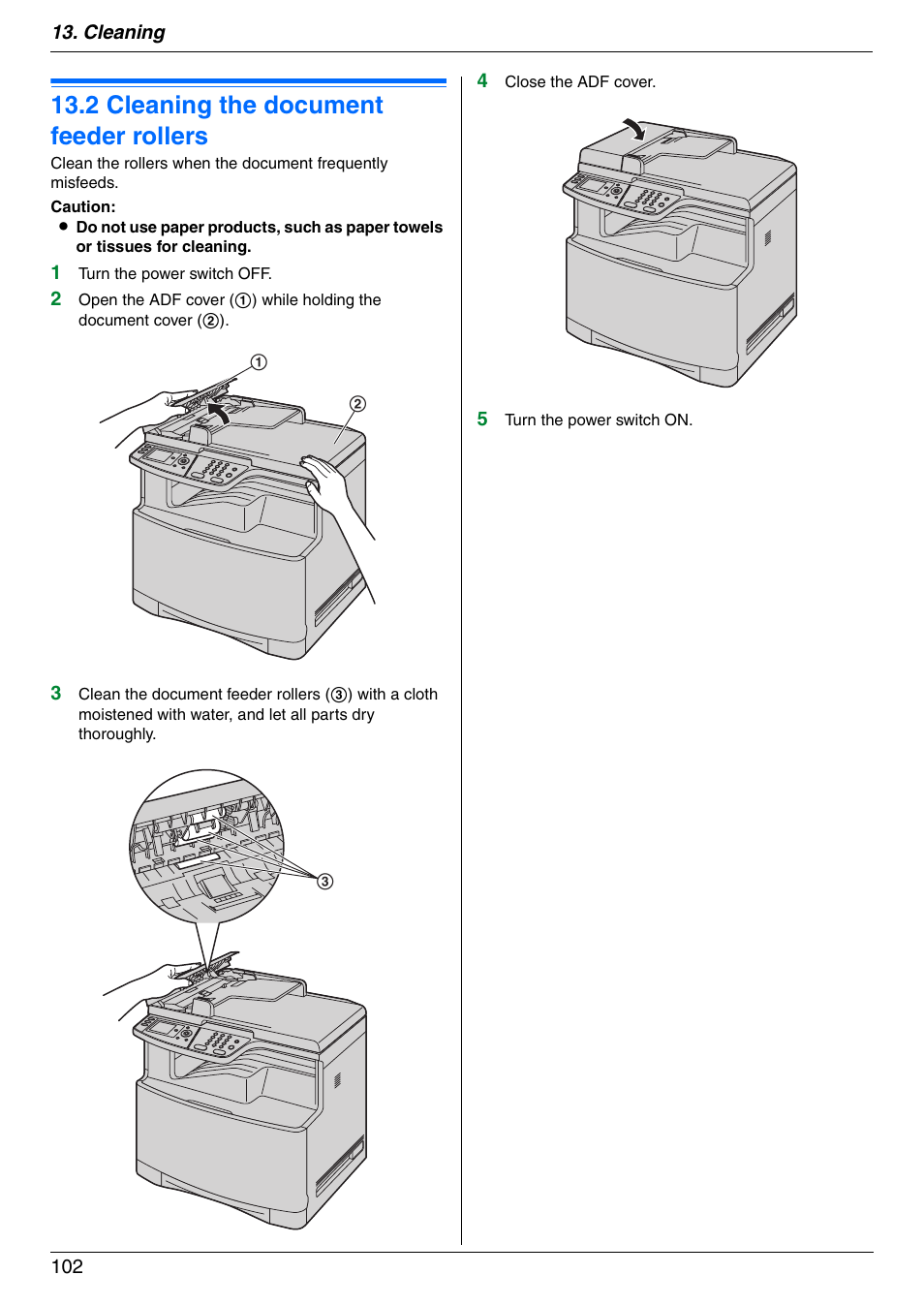 2 cleaning the document feeder rollers, Cleaning the document feeder rollers, 2 cleaning the document feeder rollers | Panasonic KX-MC6040 User Manual | Page 102 / 124