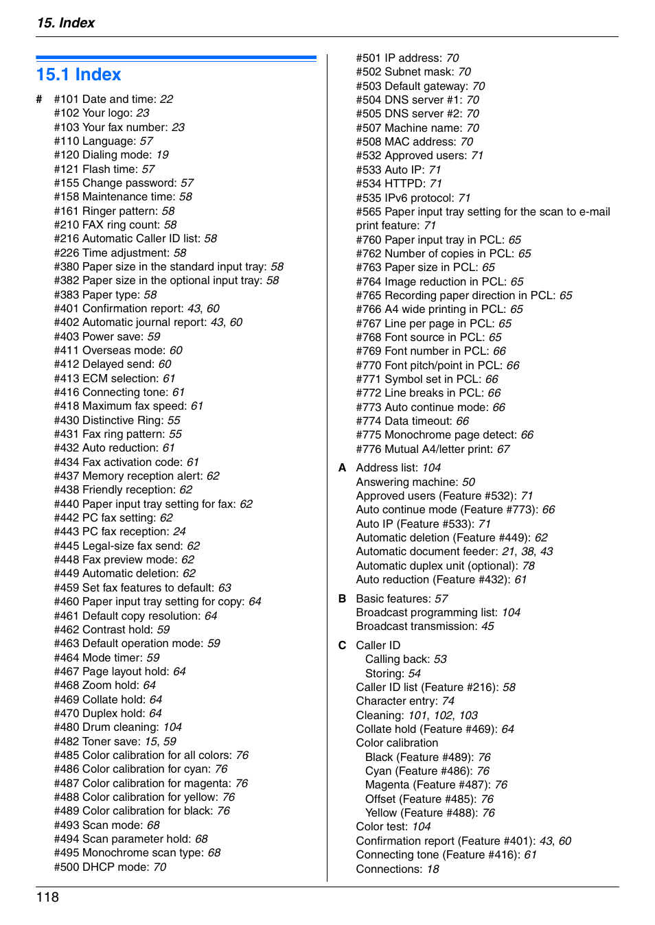 Index, 1 index, Index 118 | Panasonic KX-MC6040 User Manual | Page 118 / 124