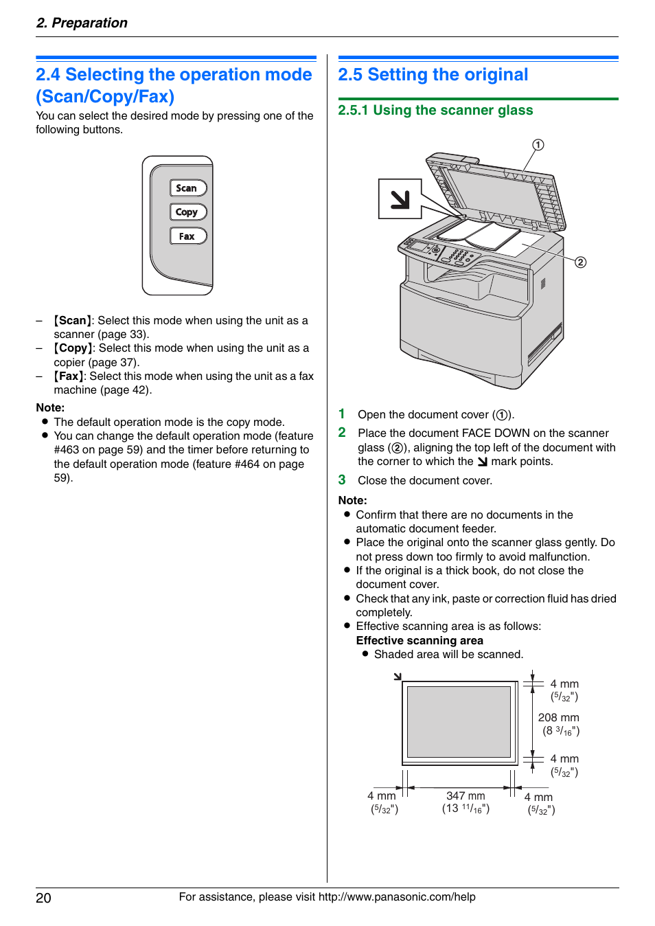 4 selecting the operation mode (scan/copy/fax), Document requirements, 5 setting the original | Selecting the operation mode (scan/copy/fax), Setting the original, 4 selecting the operation mode (scan/copy/fax), 5 setting the original, Preparation 20, 1 using the scanner glass 1 | Panasonic KX-MC6040 User Manual | Page 20 / 124