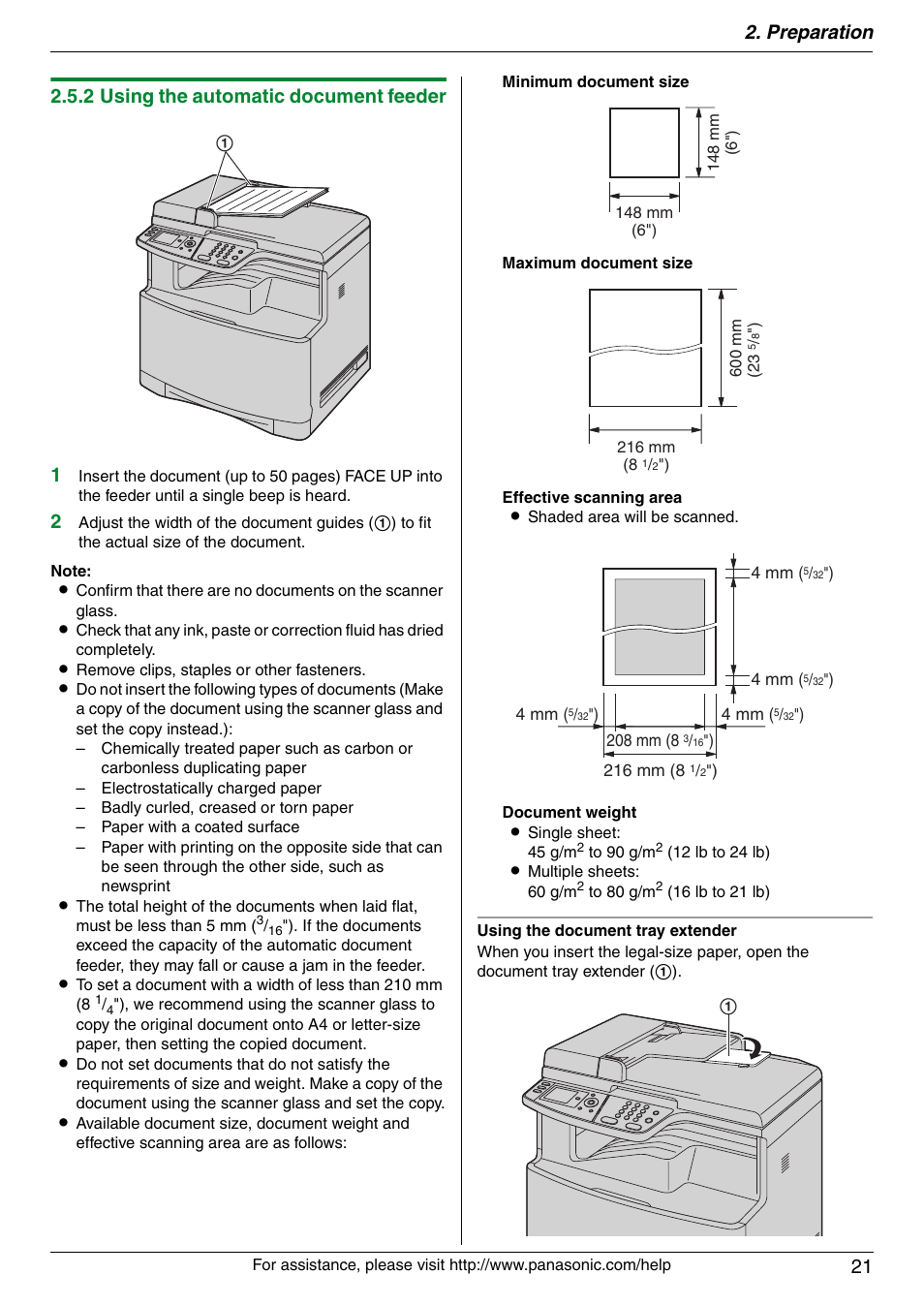 Preparation 21, 2 using the automatic document feeder 1 | Panasonic KX-MC6040 User Manual | Page 21 / 124