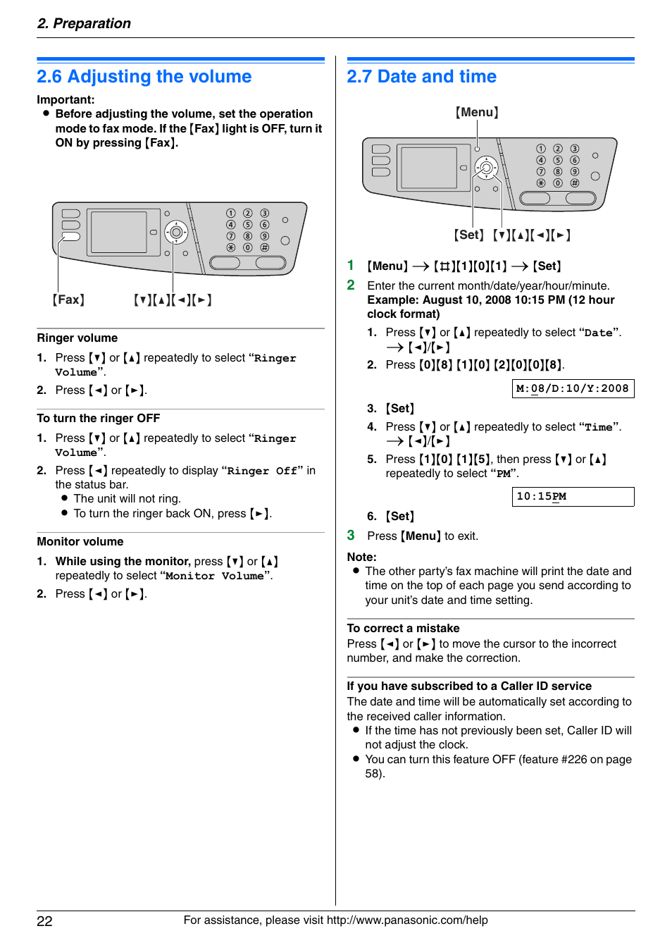Volume, 6 adjusting the volume, Initial programming | 7 date and time, Adjusting the volume, Date and time, 6 adjusting the volume, 7 date and time, Preparation 22 | Panasonic KX-MC6040 User Manual | Page 22 / 124