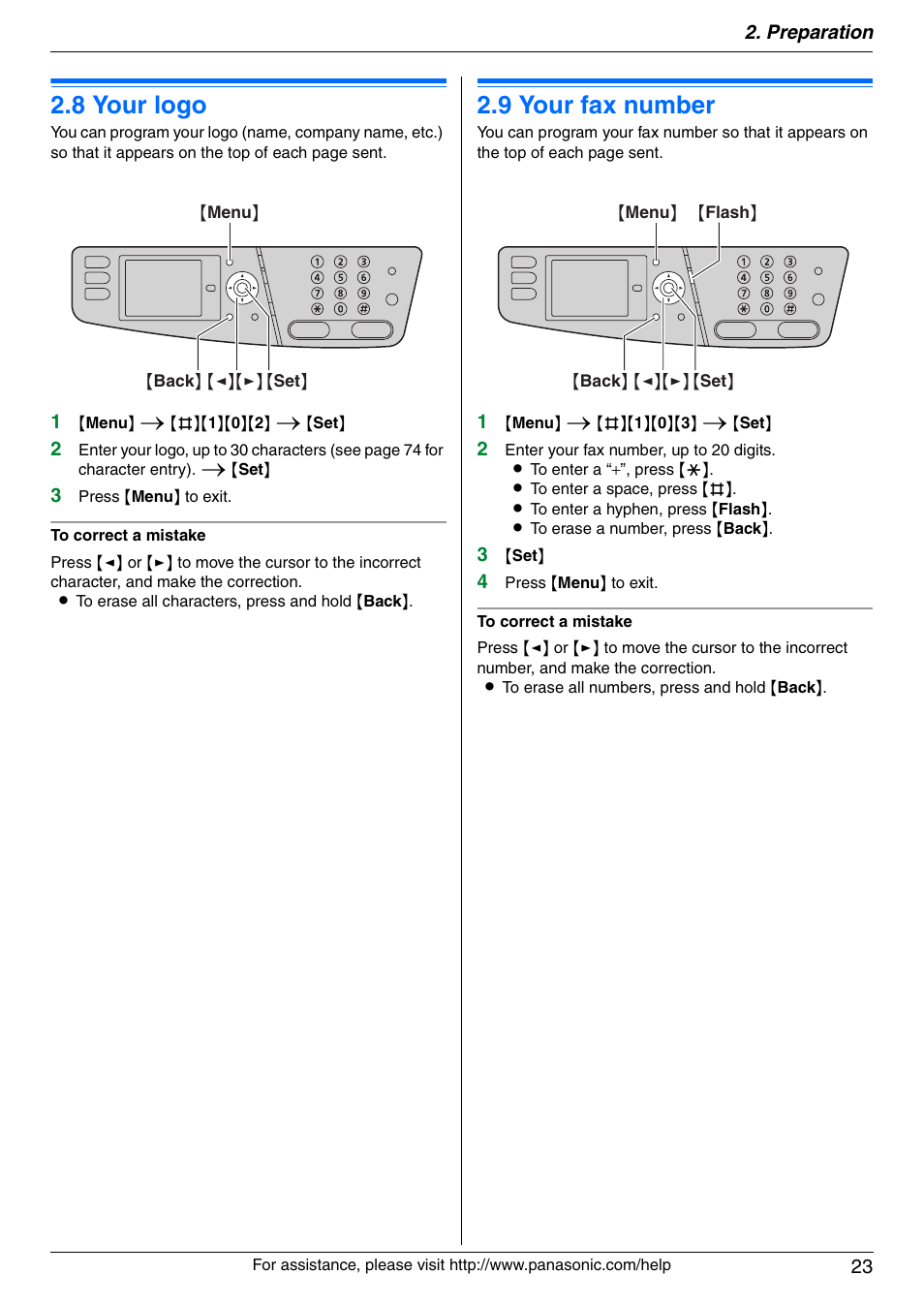 8 your logo, 9 your fax number, Your logo | Your fax number, 8 your logo, 9 your fax number | Panasonic KX-MC6040 User Manual | Page 23 / 124