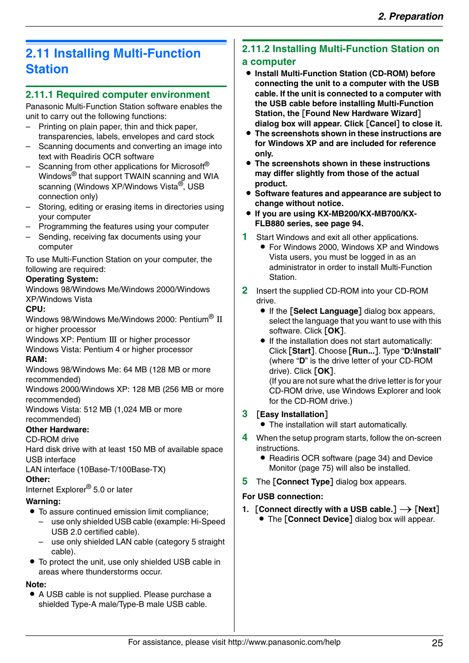 11 installing multi-function station, Installing multi-function station, 11 installing multi-function station | Preparation 25, 1 required computer environment, 2 installing multi-function station on a computer | Panasonic KX-MC6040 User Manual | Page 25 / 124