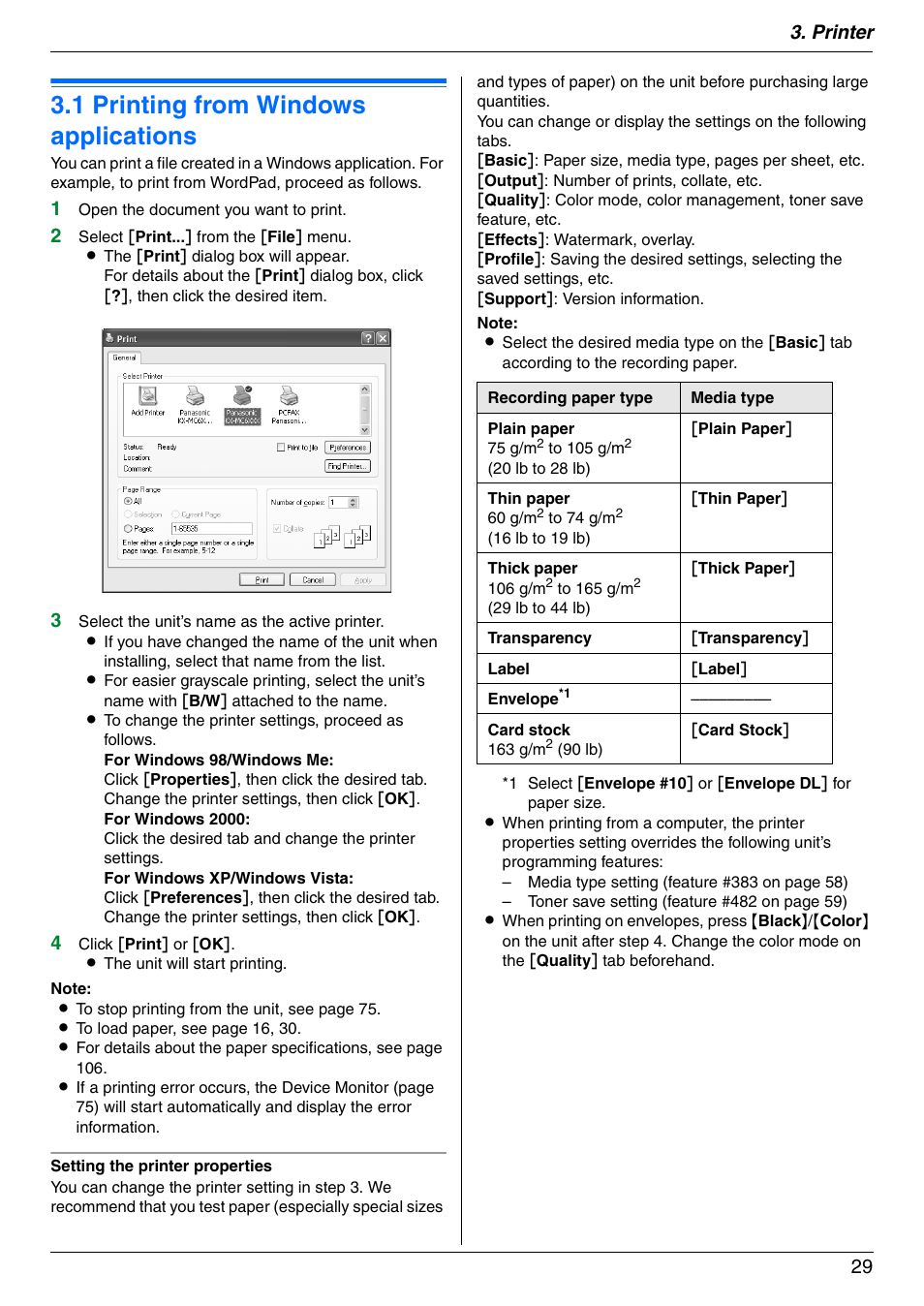 Printer, 1 printing from windows applications, Printing from windows applications | 1 printing from windows applications, Printer 29 | Panasonic KX-MC6040 User Manual | Page 29 / 124