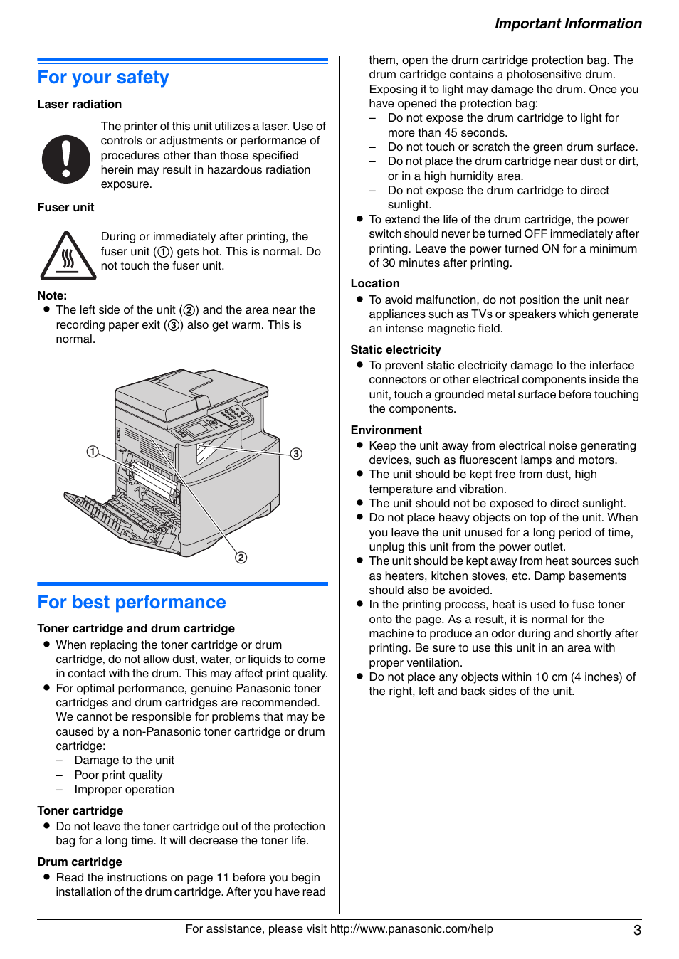 Important information, For your safety, For best performance | Important information 3 | Panasonic KX-MC6040 User Manual | Page 3 / 124