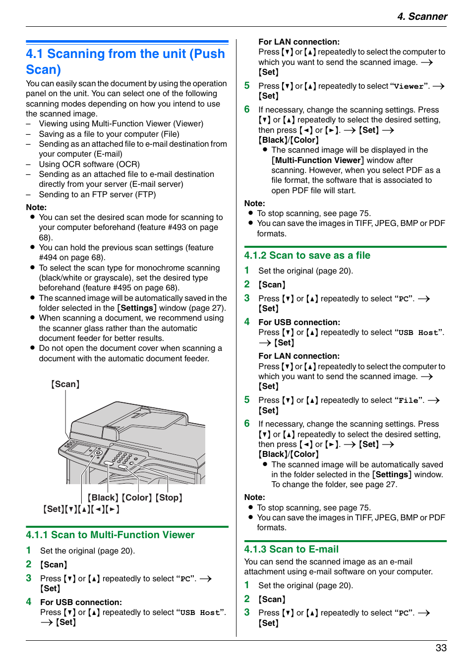 Scanner, 1 scanning from the unit (push scan), Scanning from the unit (push scan) | 1 scanning from the unit (push scan) | Panasonic KX-MC6040 User Manual | Page 33 / 124