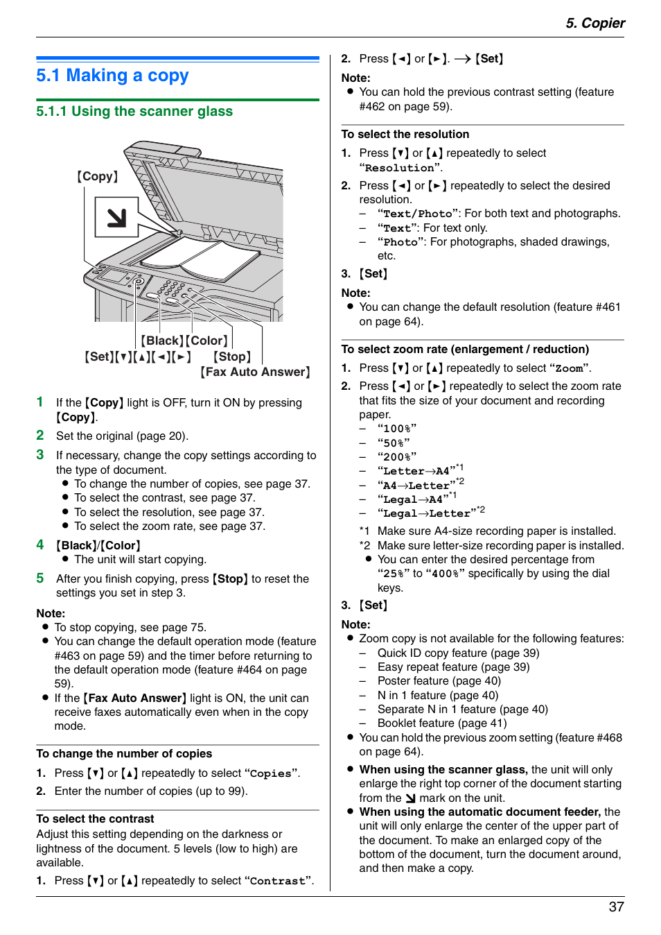 Copier, Copy, 1 making a copy | Making a copy, 1 making a copy, Copier 37, 1 using the scanner glass 1 | Panasonic KX-MC6040 User Manual | Page 37 / 124