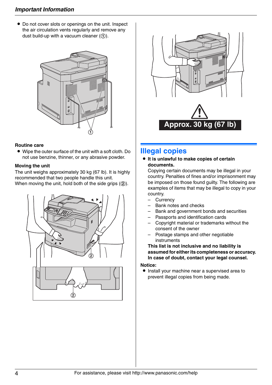 Illegal copies, Approx. 30 kg (67 lb) | Panasonic KX-MC6040 User Manual | Page 4 / 124