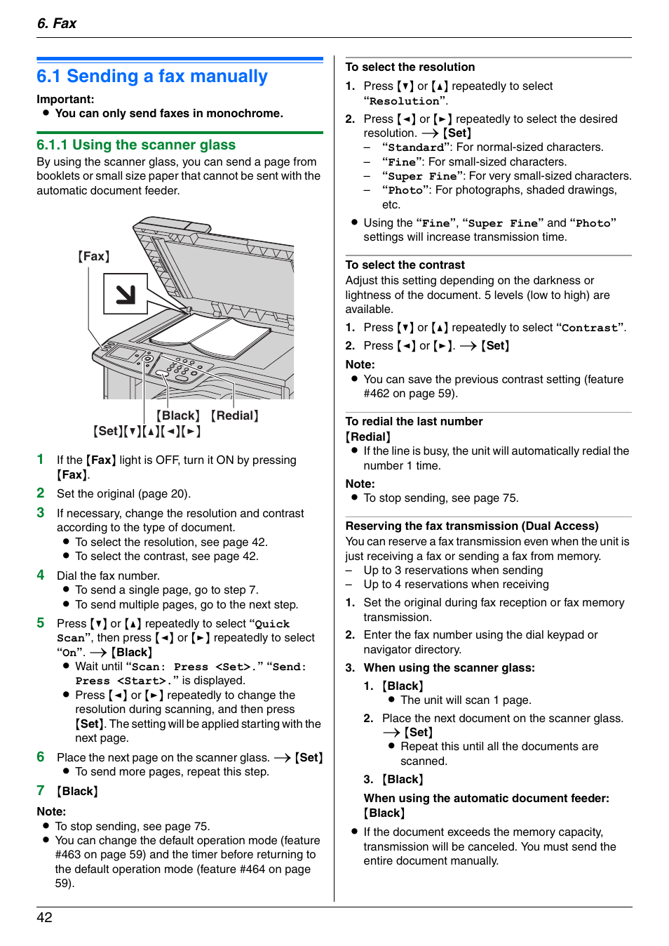 Sending faxes, 1 sending a fax manually, Sending a fax manually | 1 sending a fax manually, Fax 42, 1 using the scanner glass | Panasonic KX-MC6040 User Manual | Page 42 / 124