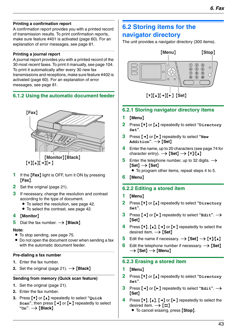 2 storing items for the navigator directory, Storing items for the navigator directory, 2 storing items for the navigator directory | Panasonic KX-MC6040 User Manual | Page 43 / 124