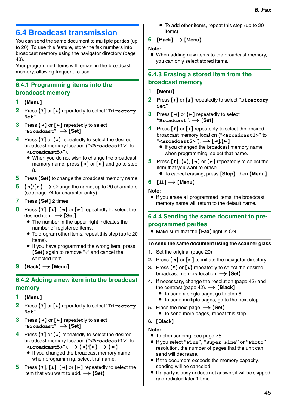 4 broadcast transmission, Broadcast transmission, 4 broadcast transmission | Panasonic KX-MC6040 User Manual | Page 45 / 124