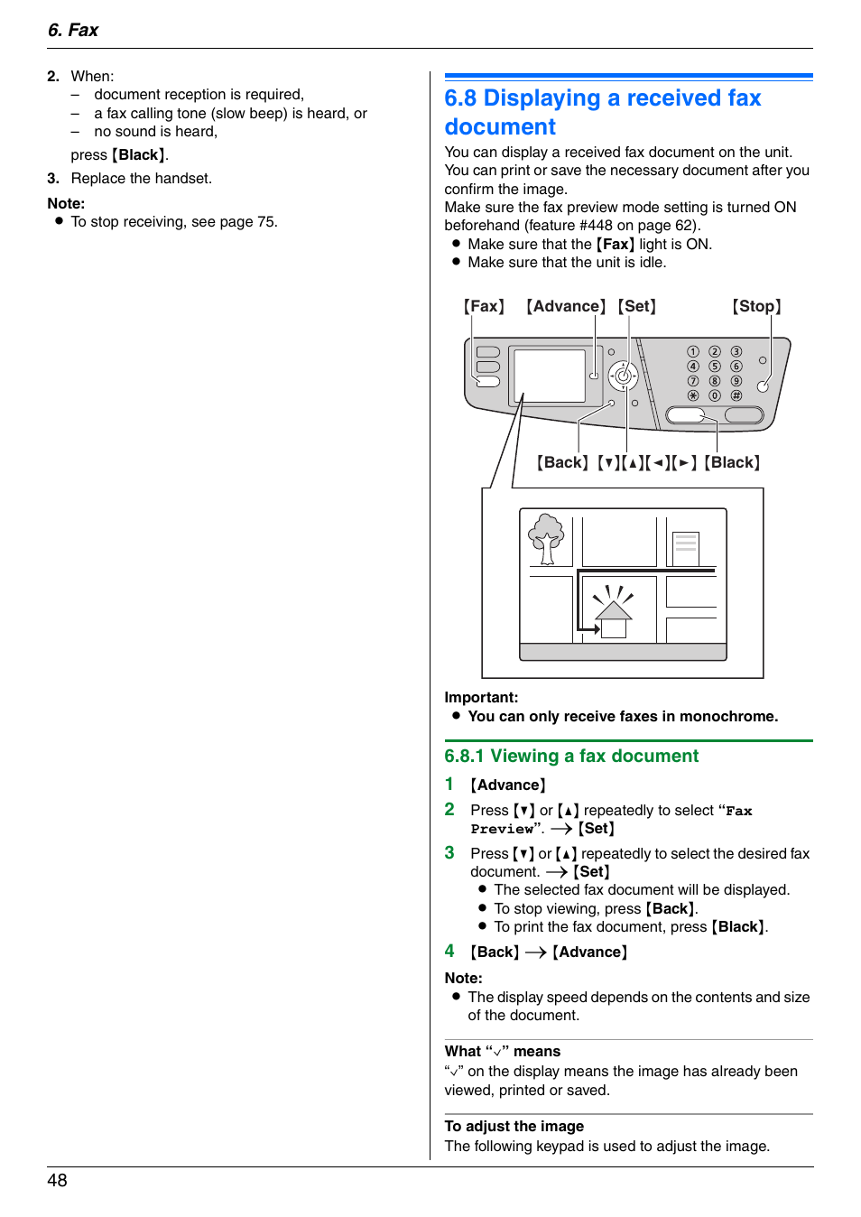 8 displaying a received fax document, Displaying a received fax document, 8 displaying a received fax document | Panasonic KX-MC6040 User Manual | Page 48 / 124