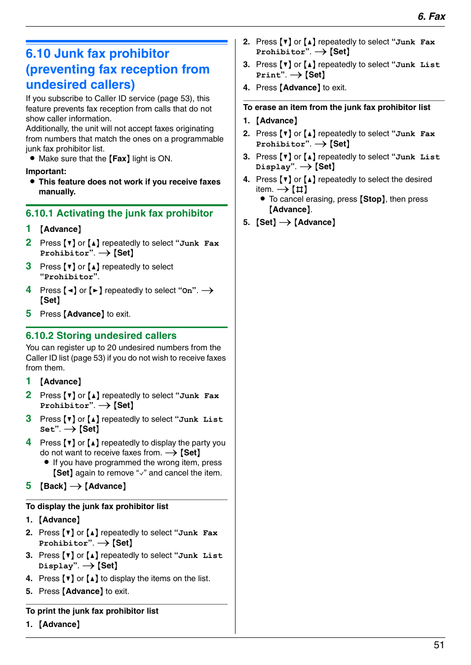 Junk fax prohibitor (preventing fax reception, From undesired callers) | Panasonic KX-MC6040 User Manual | Page 51 / 124