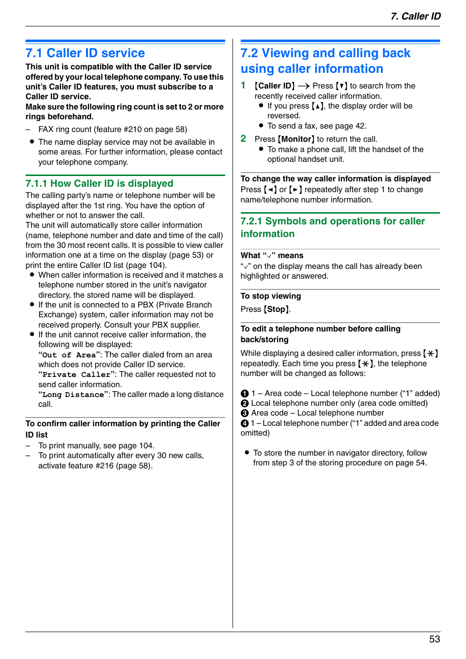 Caller id, 1 caller id service, Caller id service | Viewing and calling back using caller information, 1 caller id service, Caller id 53, 1 how caller id is displayed, 1 symbols and operations for caller information | Panasonic KX-MC6040 User Manual | Page 53 / 124