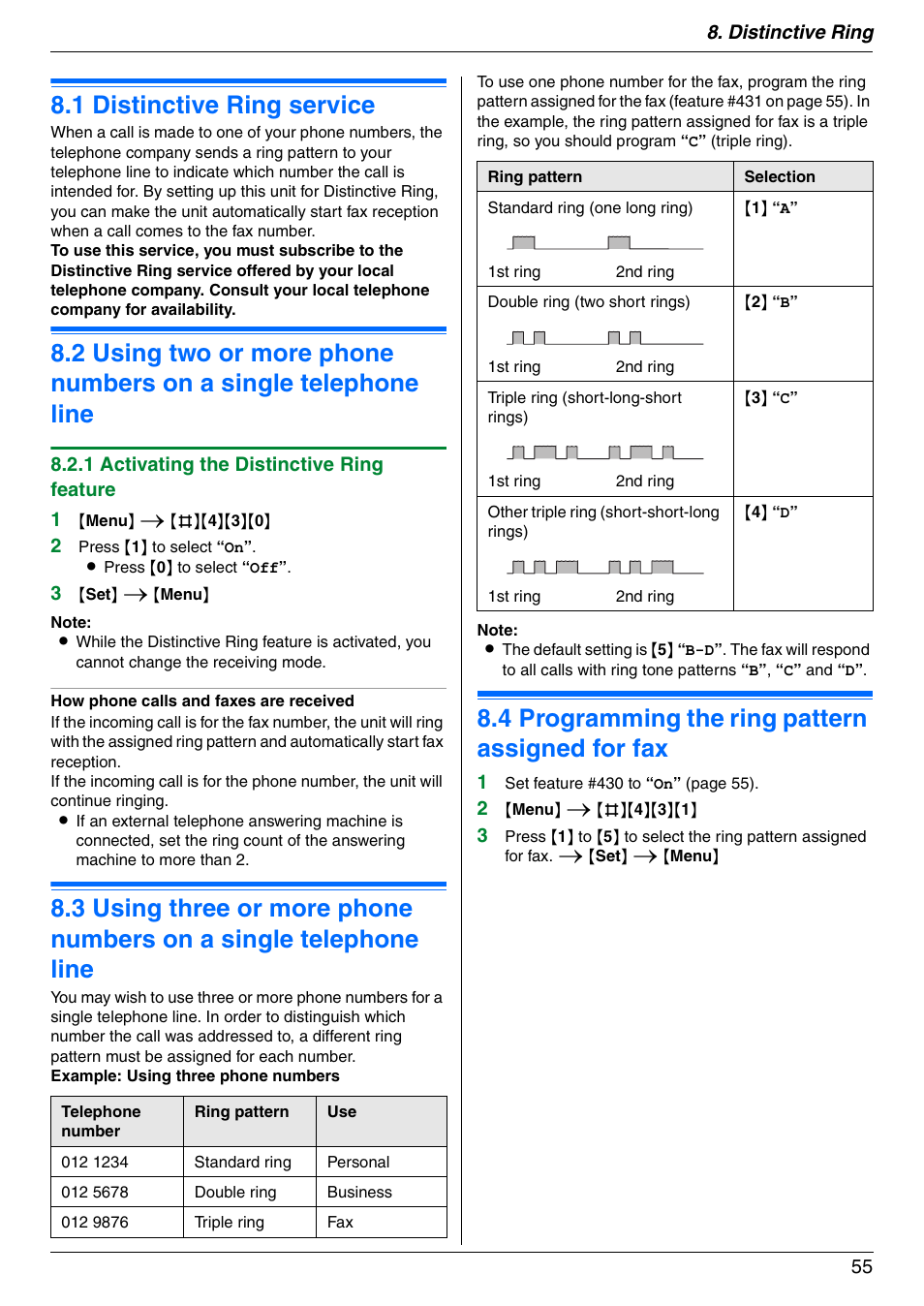 Distinctive ring, 1 distinctive ring service, 4 programming the ring pattern assigned for fax | Distinctive ring service, Programming the ring pattern assigned for fax, 1 distinctive ring service, 4 programming the ring pattern assigned for fax | Panasonic KX-MC6040 User Manual | Page 55 / 124