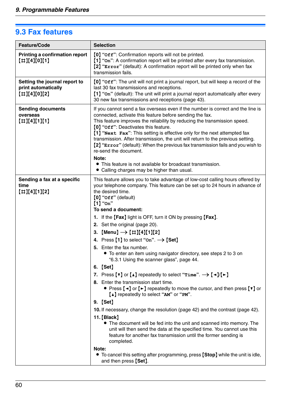 3 fax features, Fax features, 3 fax features | Programmable features 60 | Panasonic KX-MC6040 User Manual | Page 60 / 124