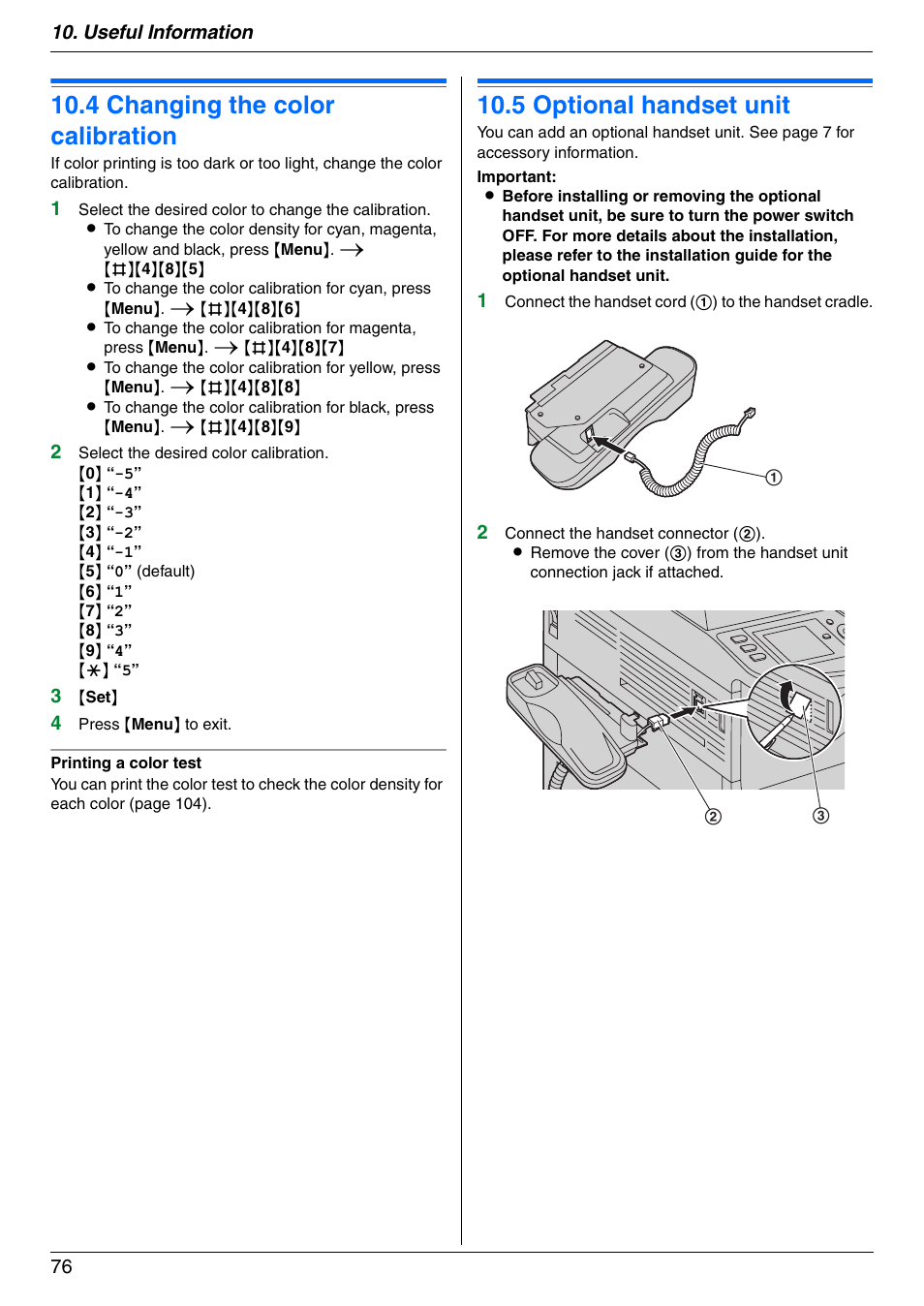 4 changing the color calibration, Option, 5 optional handset unit | Changing the color calibration, Optional handset unit, 4 changing the color calibration, 5 optional handset unit, Useful information 76 | Panasonic KX-MC6040 User Manual | Page 76 / 124