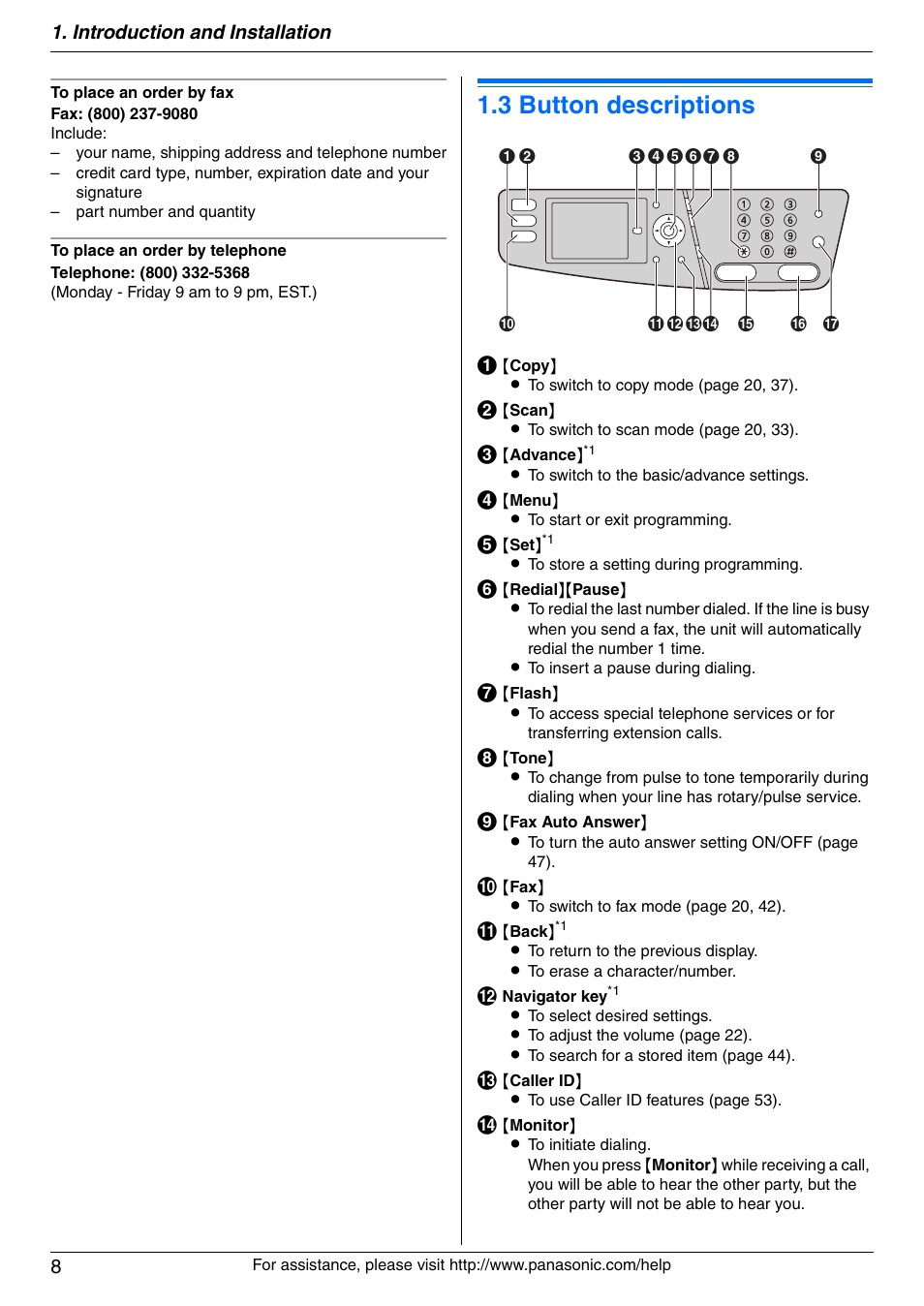 Finding the controls, 3 button descriptions, Button descriptions | 3 button descriptions, Introduction and installation 8 | Panasonic KX-MC6040 User Manual | Page 8 / 124