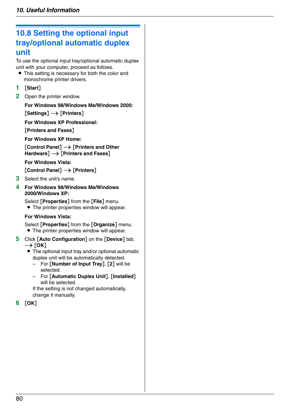 Setting the optional input tray/optional, Automatic duplex unit | Panasonic KX-MC6040 User Manual | Page 80 / 124