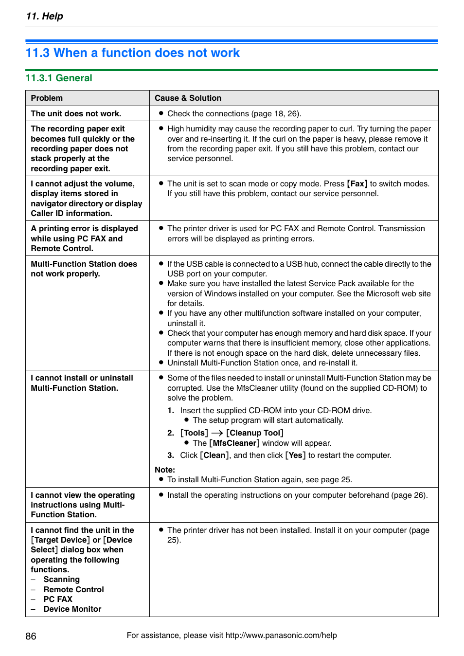 Troubleshooting, 3 when a function does not work, When a function does not work | 3 when a function does not work, Help 86, 1 general | Panasonic KX-MC6040 User Manual | Page 86 / 124