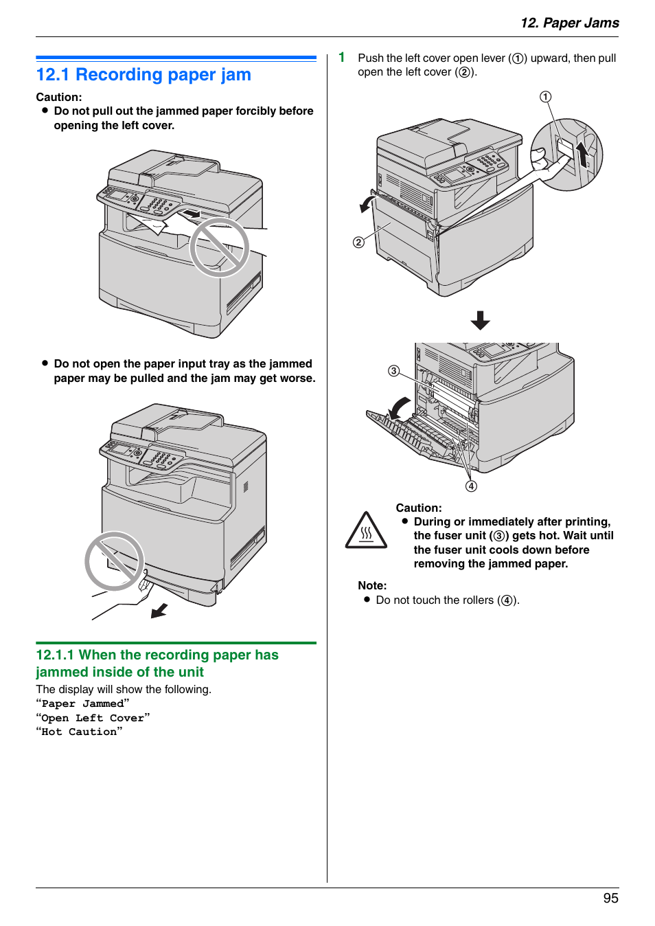 Paper jams, Jams, 1 recording paper jam | Recording paper jam, 1 recording paper jam, Paper jams 95 | Panasonic KX-MC6040 User Manual | Page 95 / 124
