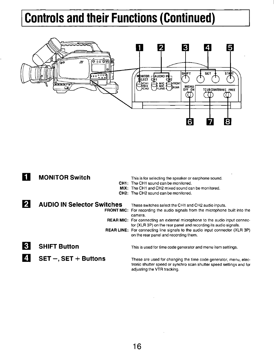 Controls and their functions (continued), Cu) dp monitor switch, Audio in selector switches | Shift button set-, set + buttons | Panasonic AG-DP800HP User Manual | Page 16 / 80