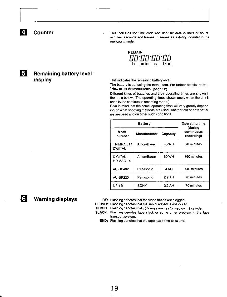 Counter, 1 h i min i s i frm i, Remaining battery level display | Warning displays | Panasonic AG-DP800HP User Manual | Page 19 / 80