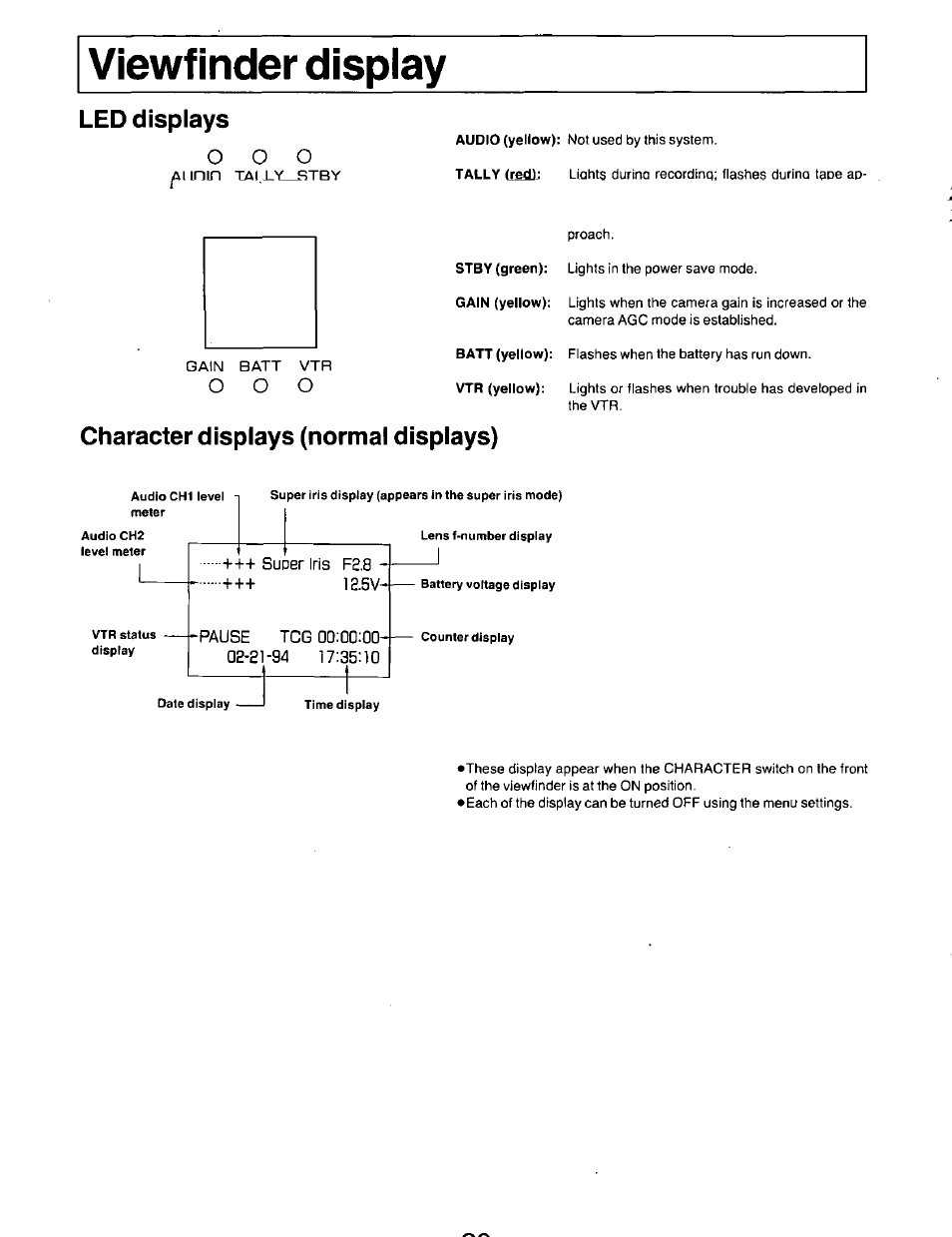 Viewfinder display, O o o | Panasonic AG-DP800HP User Manual | Page 20 / 80
