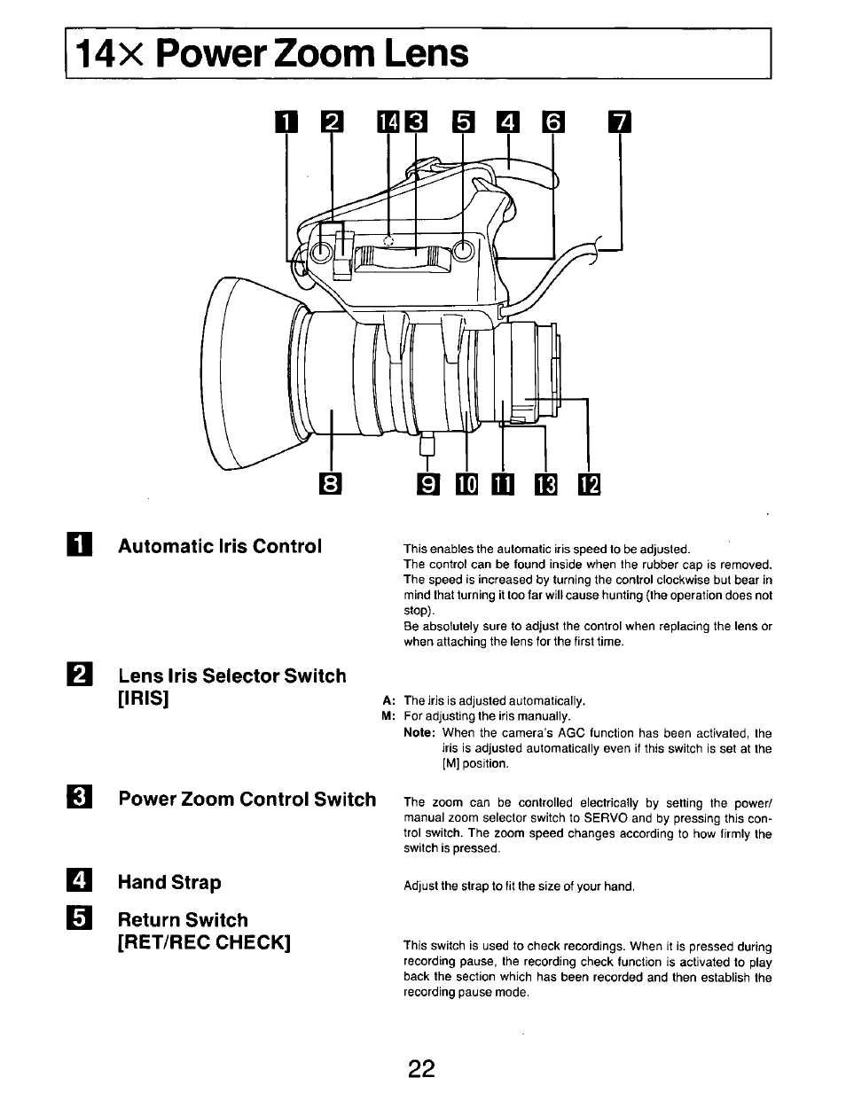 Automatic iris controi, Lens iris selector switch [iris, Power zoom control switch | Hand strap, Return switch [ret/rec check | Panasonic AG-DP800HP User Manual | Page 22 / 80