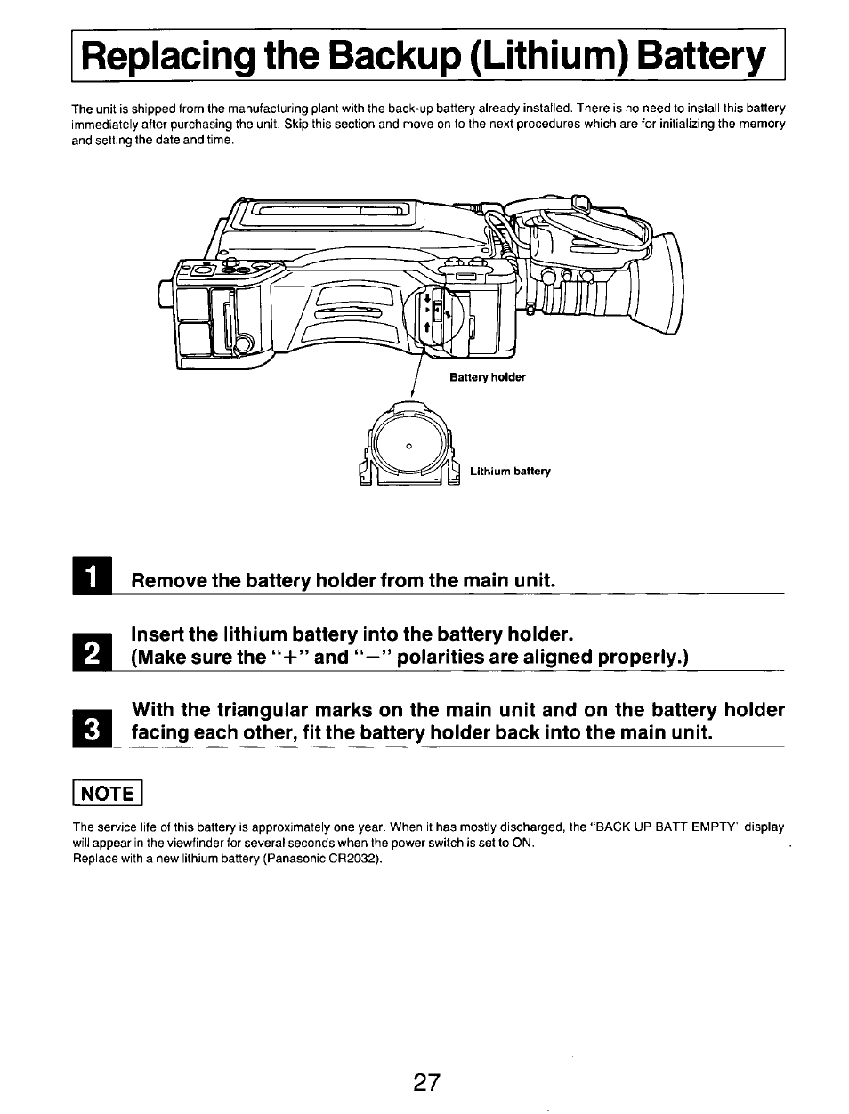 Remove the battery holder from the main unit, Insert the lithium battery into the battery holder, Note | Panasonic AG-DP800HP User Manual | Page 27 / 80