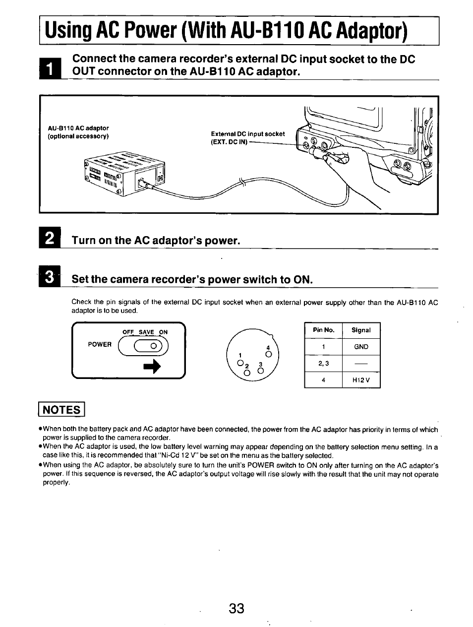 Turn on the ac adaptor’s power, Set the camera recorder’s power switch to on | Panasonic AG-DP800HP User Manual | Page 33 / 80
