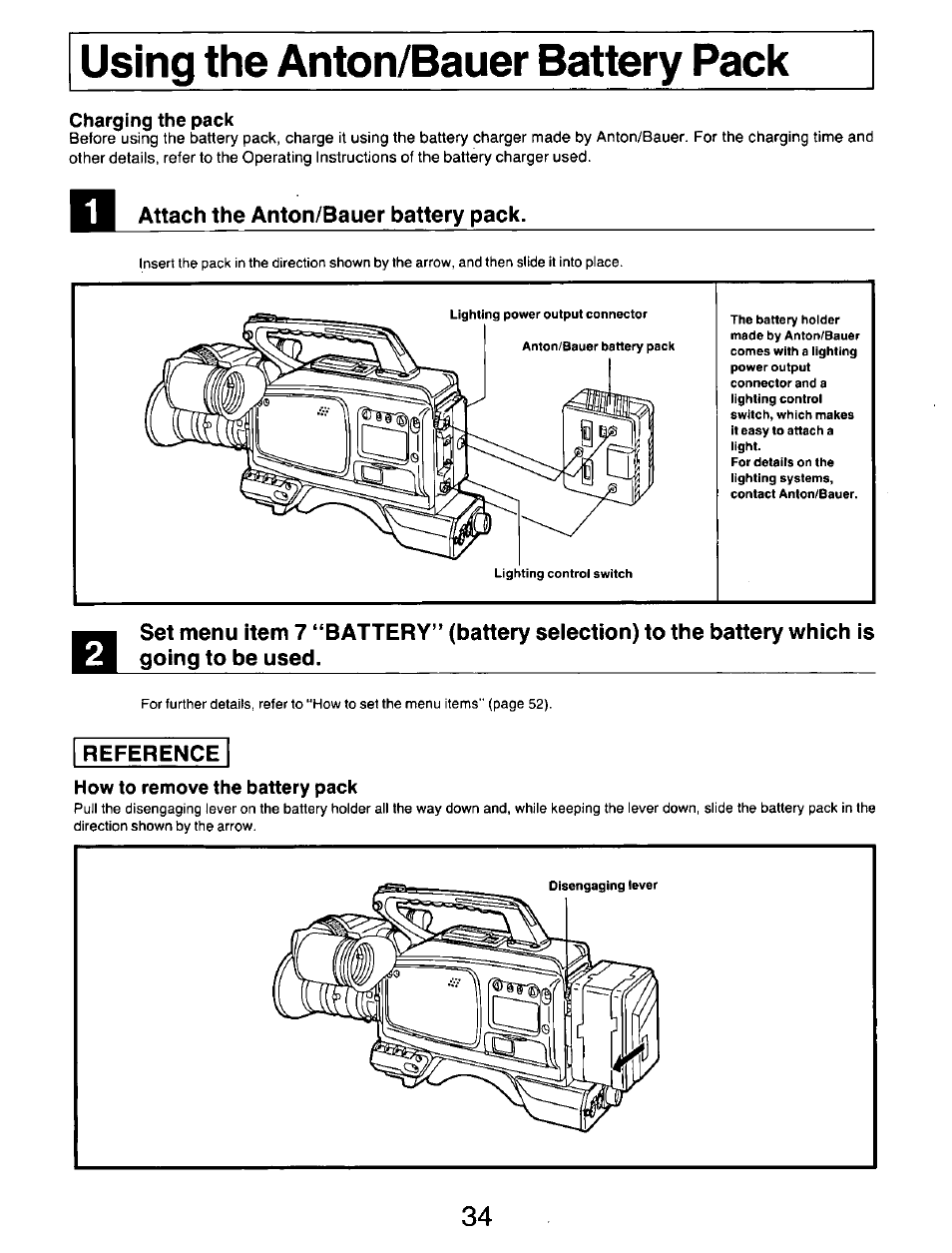 Charging the pack, Attach the anton/bauer battery pack, Reference | How to remove the battery pack, Using the anton/bauer battery pack | Panasonic AG-DP800HP User Manual | Page 34 / 80