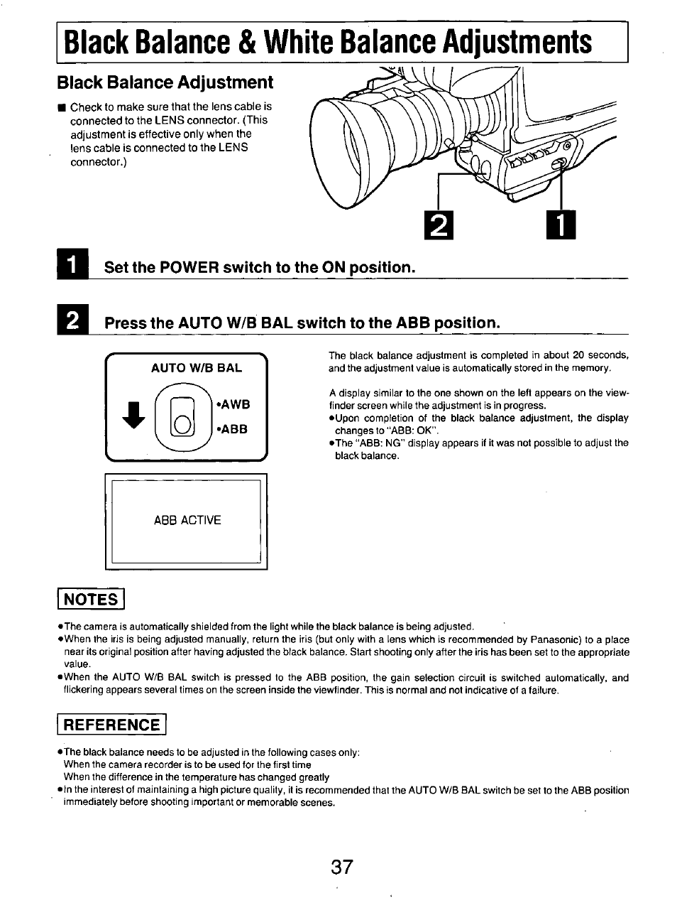 Press the auto w/b bal switch to the abb position, Notes, Reference | Black balance adjustment | Panasonic AG-DP800HP User Manual | Page 37 / 80